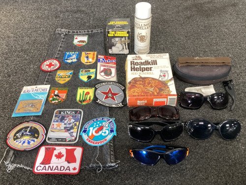 FLAT OF COLLECTIBLE PATCHES, SUNGLASSES, NOVELTY COLLECTIBLES AND MORE