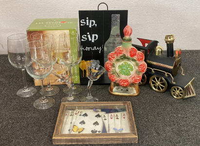 VINTAGE AND NEWER BARWARE INCLUDING: WINE GLASSES, TIPSY GLASSES, DRINKING DART GAME, VINTAGE BAR TRAIN, PORTLAND ROSE FESTIVAL DECANTER AND ACES HIGH WALL ART