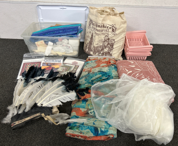 BAG OF QUILT PATTERNS, SMALL TOTE WITH PARTIAL QUIT PIECES, FABRIC, SMALL PINK ORGANIZERS AND AN INSIAN HEAD DRESS