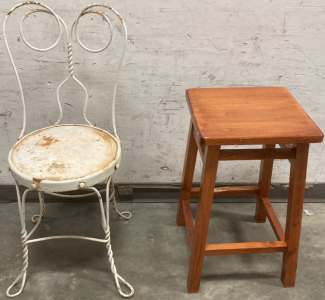 METAL CHAIR AND WOOD STOOL