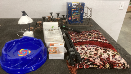 METAL CANDELABRAS, TRIPOD, AREA RUG, AND MORE