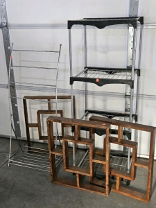 19X11X44 TOWEL STAND, 20X16X52 METAL RACK, 19.5X23.5X2.5 WOOD CURIO SHELVES, NEW 88"-120" CURTAIN ROD