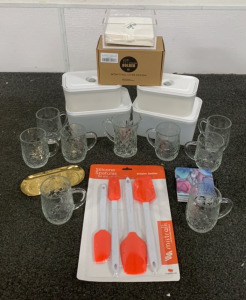 MISTRALLI SET OF 4 SILICONE SPATULAS, (4) TUPPERWARE CONTAINERS WITH SEAL TIGHT LIDS, (9) GLASS CUPS, AND MORE
