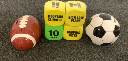 (1) WORK OUT DICE PACK, (2) CERAMIC SPORTS THEMED PIGGY BANKS