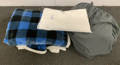 (1) PACK OF WHITE SHEER CURTAINS, (1) BLUE PLAID WRANGLER BLANKET, AND MORE