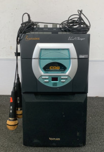 KAROKE MACHINE WITH VOCAL CHANGER, (2) MICROPHONES, (2) KARAOKE DISCS (POWERS ON)