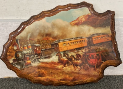 FINISHED VINTAGE TRAIN PAINTING HORSE KN CARRIAGE ON WESTERN WOODEN PLAQUE