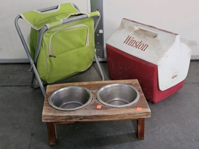 CAMP STORAGE STOOL, BAIT COOLER, DOG DISHES W/ TRAY