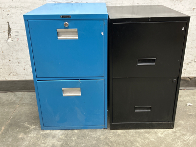 BLACK AND BLUE 2 DRAWER METAL FILING CABINETS, DRAWERS OPEN AND CLOSE SMOOTHLY (NO KEYS)