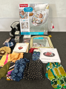 BRAND NEW INFANT BOUNCER, MIRROR WITH FLORAL PAINTED FRAME, BRAND NEW GREAT DEFROSTING TEST, SILK-LIKE SCARVES AND MORE