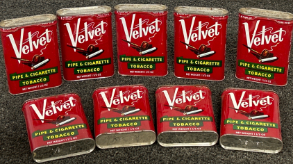 VINTAGE VELVET (7) AND PRINCE ALBERT (3) TOBACCO CANS (EMPTY)