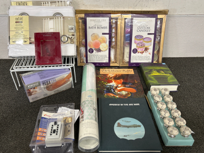 4 BRAND NEW THERMAL CURTAIN PANELS, DO-IT-YOURSELF CANDLE AND BATHBOMB KIT, MARQUIS BY WATERFORD 7” RED ICICLE, DECORATIVE KNOBS AND MORE