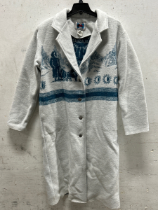WARM XL LADIES WOOL/POLYESTER/ACRYLIC LONG SWEATER JACKET MADE IN IDAHO (50” FROM SHOULDER TO HEM)