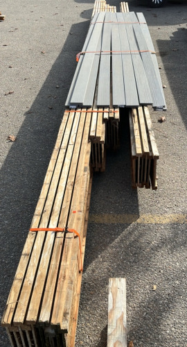 BUNDLE OF I BEAMS 30FT, 22FT, 24FT AND GREY POURCH WOOD