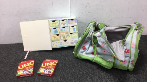 Diaper Bag, (2) Uno, and Kids Play Organizer