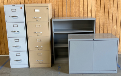 (3) METAL FILING CABINETS AND (1) METAL SHELF- NO KEYS