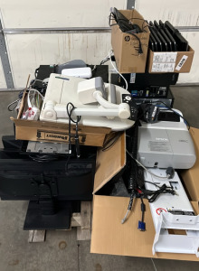 PALLET OF COMPUTER TOWERS, CABLES, MONITORS, KEYBOARDS, PROJECTOR AND MORE