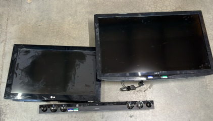 SHARP SOUND BAR, NEC AND LG FLAT SCREEN TVS