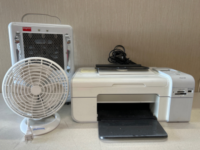DAYTON SPACE HEATER, HOLMES PERSONAL FAN AND PHOTO 926 PRINTER. ALL POWER ON.