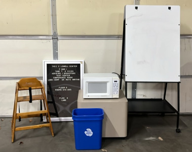 ROLLING WHITE BOARD, RECYCLING BINS, MICROWAVE AND MORE