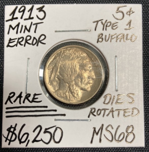 1913 MS68 RARE Mint Error Buffalo Nickel