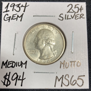 1934 MS65 Gem Medium Motto Silver Quarter