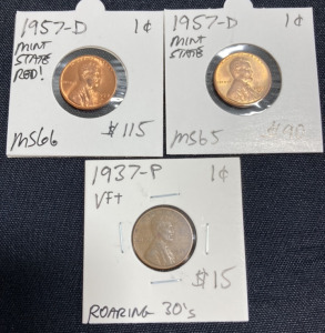 (1) 1937-P Wheat Penny, (2) 1957-D Wheat Pennies