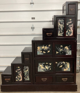 Dual Sided Asian Style Staircase Cabinet on Wheeled Base