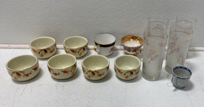 (6) Halls Superior Autumn Decorated Tea Cups, (4) Leaf Decorative Glass Cups, (3) Different Sized Glass Tea Cups With Handles