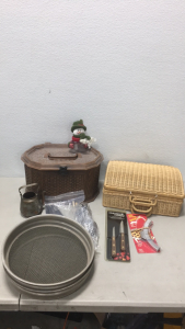 (1) Sewing Box With Various Sewing Accessories (2) Gold Dirt Filters (1) Large Set Of Silverware (1) Wicker Sewing Box and More!!