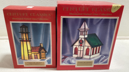 (2) Lighted Stained Glass Collectibles: (1) Lighthouse, (1) Church