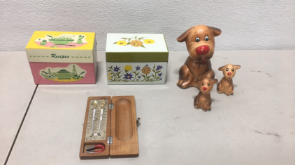 (2) Vintage Metal 5” x 3” x 4” Recipe Boxes (3) Ceramic Made In Japan Dog Figurines (1) Antique Tht Tokyo Thermometer With Magnet