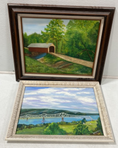 23&rdquo;x19&rdquo; Framed Trestle Bridge Painting; 26&rdquo;x22&rdquo; Framed Covered Bridge Painting