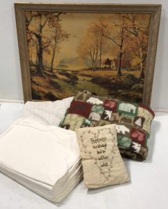 34&rdquo;x28&rdquo; Framed Wall Art; Fleece Throw Blanket; Tablecloth; (7) White Flat Sheets; Miniature Throw Pillow