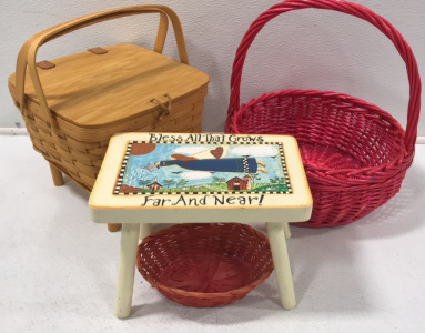 Large Wicker Basket; Picnic Basket with Matching Stand; Decorative Step Stool; Miniature Basket
