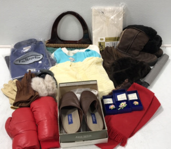 Ladies Clothing; Ear Muffs; Womens 8 1/2 Leather Shoes; Red Lace Up Mittens; Umbrella; Womens Size 9 UGG Boots; Floral China Pins; Bags; Scarves