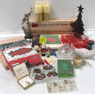 Retro Christmas Gift Wrap; Candle Holders; Rectangular Holiday Table Cloth; Red/Green Jingle Bell Bracelets; Avon Locket; Crystal Dish with Lid; Santa and Dog Salt and Pepper Shakers; Hallmark Cards; Holiday Napkins; Wire Baskets; Golden Glitter Candles; 