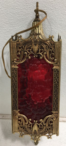 Beautiful Mid-Century Brass & Red Glass Hanging Fixture