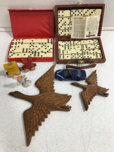 (2) Domino’s Double-Six In Case (2) Carved Wood Bird Decor (4) Assorted Vintage Toys