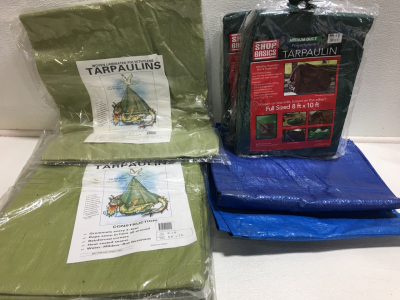 (4) Tarpaulins 5’6”x7’6” Green Tarpa (2) Blue Tarps (3) Shop Basics Tarps 8’x10’