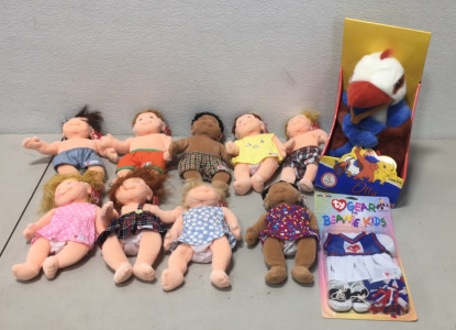 (9) Vintage 10” Ty Beanie Kids Dolls With Tags (1) New Ty Gear For Beanie Kids Outfit (1) New Mattel Sydney 2000 Olympics Olly Plush Doll