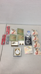 (9) New Christmas Angel Pendants (3) Collectable Silver Plated Spoons (1) Vintage Bulova Clock (1) Metropolitan Musuem Sterling Silver Pin And More!!