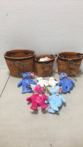 (6) Vintage Ty Beanie Babies Including January Bear! (3) New Burton + Burton Decorative Wicker Baskets