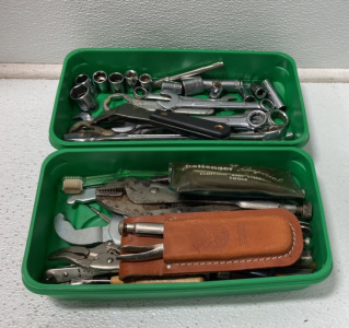 (2) Containers Full Of Tools Including Various Sizes Of Wrenches, Vise Grips, Sockets And More