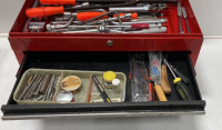 26 1/4’’ x 12 1/4’’ x 15’’ Red Craftsman Tool Chest With 3 Drawers And Top Chest Space Filled With Tools - 3