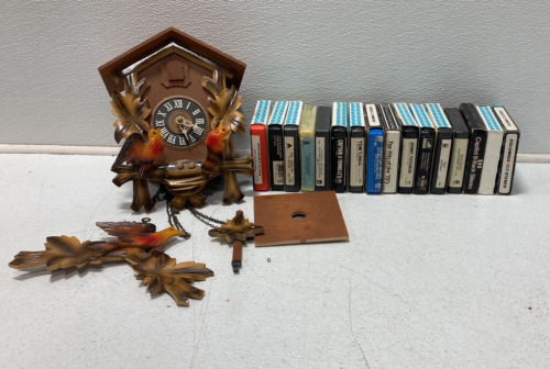 (16) 8 Track Tapes Including Johnny Paycheck, Tom T-Hall, Captain And Tennilles, Mitch Miller And The Gang And More, (1) Cuckoo Clock