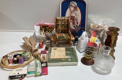 (2) Steam Irons, Electric Scissors, Candle Holders, Assorted Thread, Mason Jar Lids, Bag of Seashells, Manual Wood Yarn Winder and more