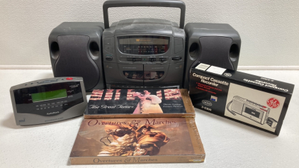 White-Westinghouse Radio/Cassette Player, Cassette Recorder, RadioShack Radio Alarm Clock, (2) The Great Tenors Cassette Sets, (1) Overatures and Marches CD Set