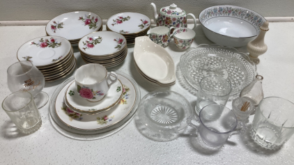 Moss Rose China Set, Assorted Plates, Serviceware and Glasses