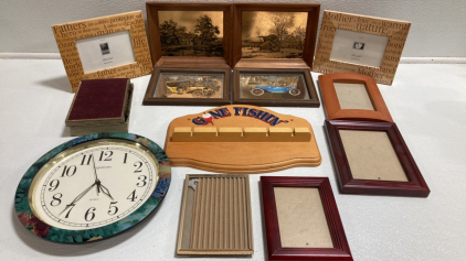 (4) Small Framed Wall Art, (7) Assorted Frames, (1) Gone Fishin’ Wall Rack, (1) Wall Clock